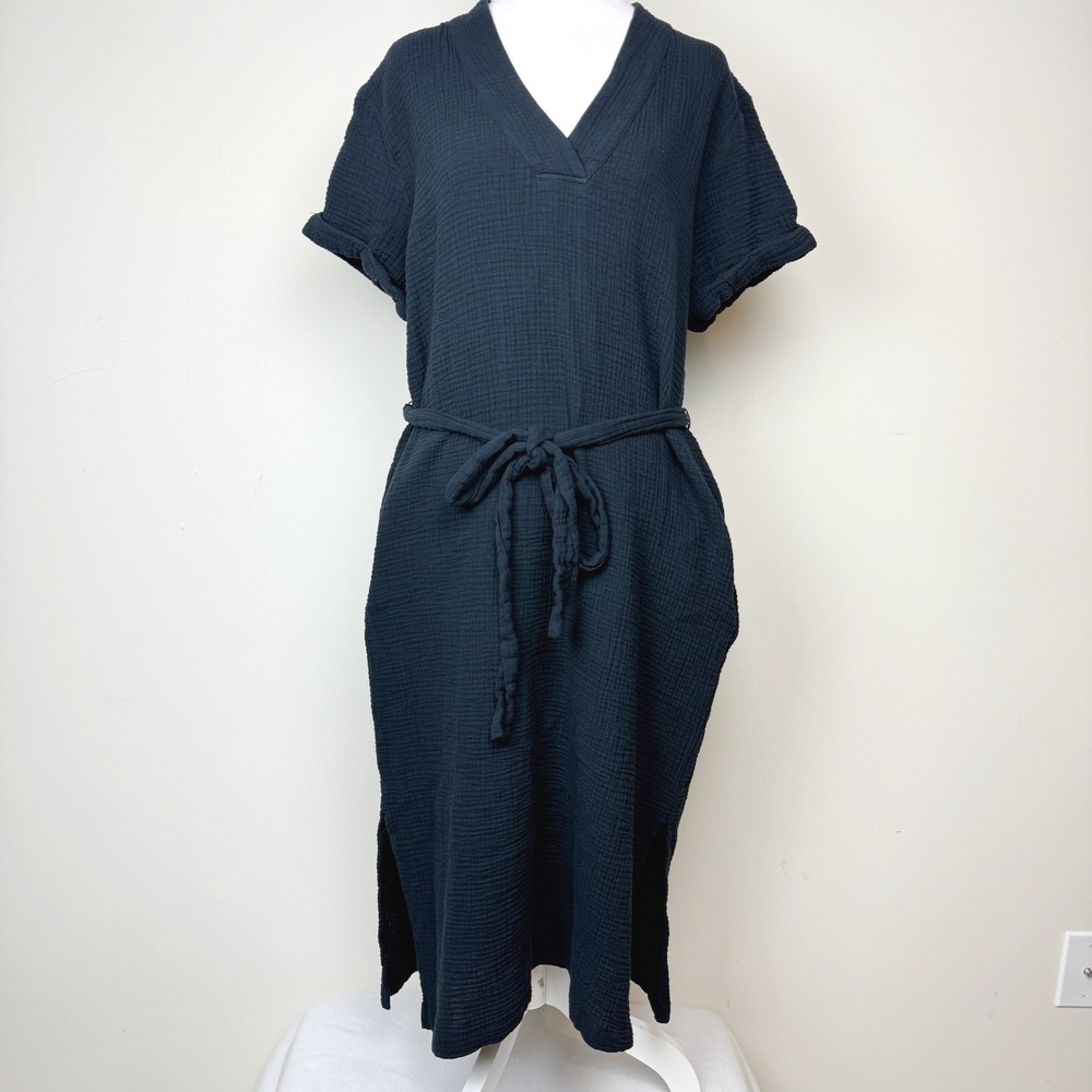 MAGASCHONI Waffle Knit Dress Belted Size LARGE Womens Black V-Neck‎